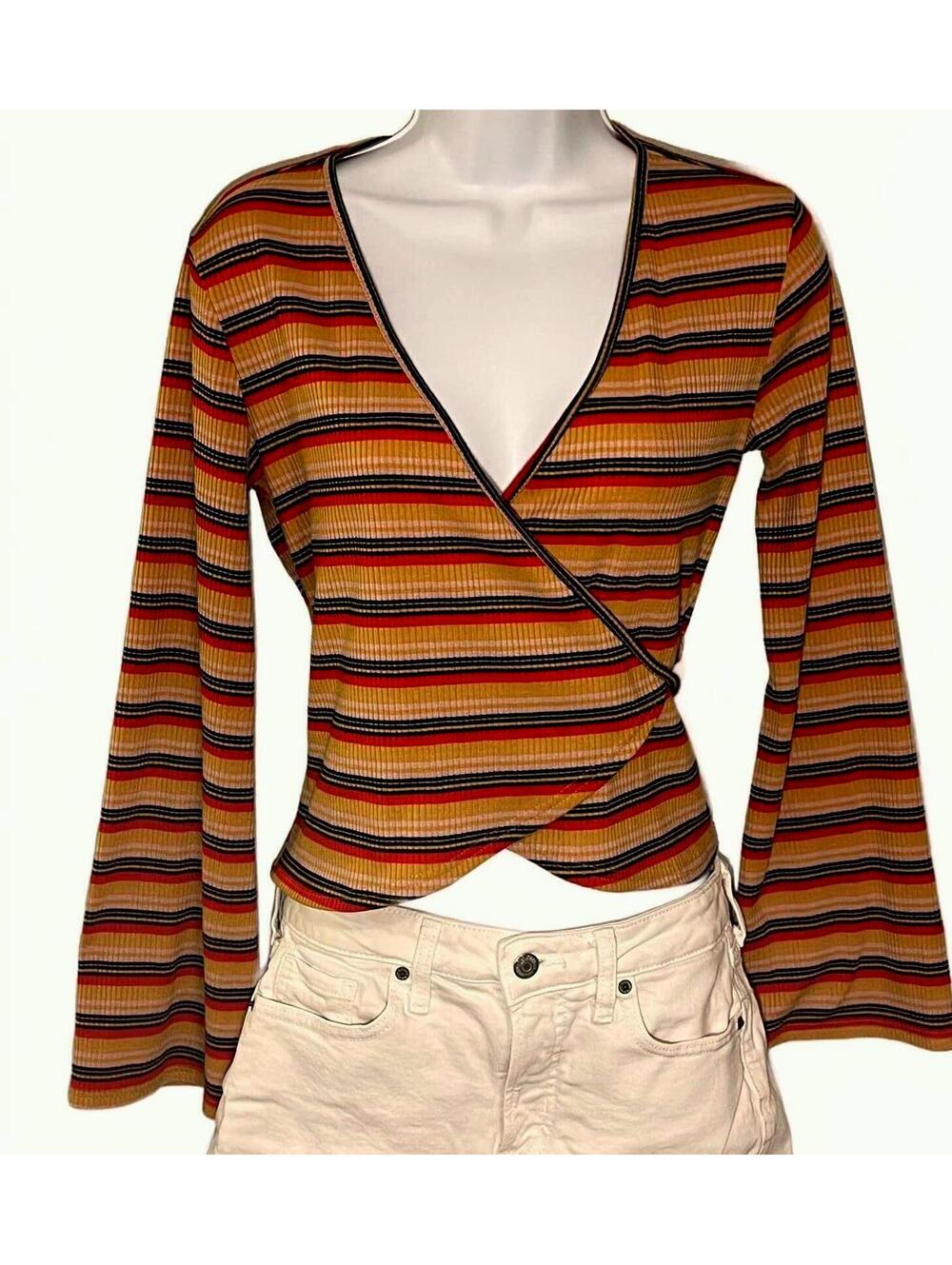Anthropologies Sadie & Sage Striped Bell Sleeve Wrap Top Retro 70s Boho Blouse S